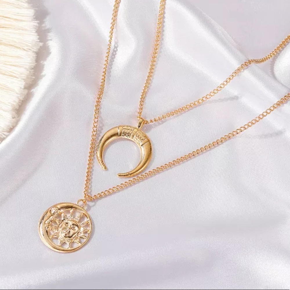 18k Gold Double Layer Sun Moon Pendant Necklace - Picture 5 of 5
